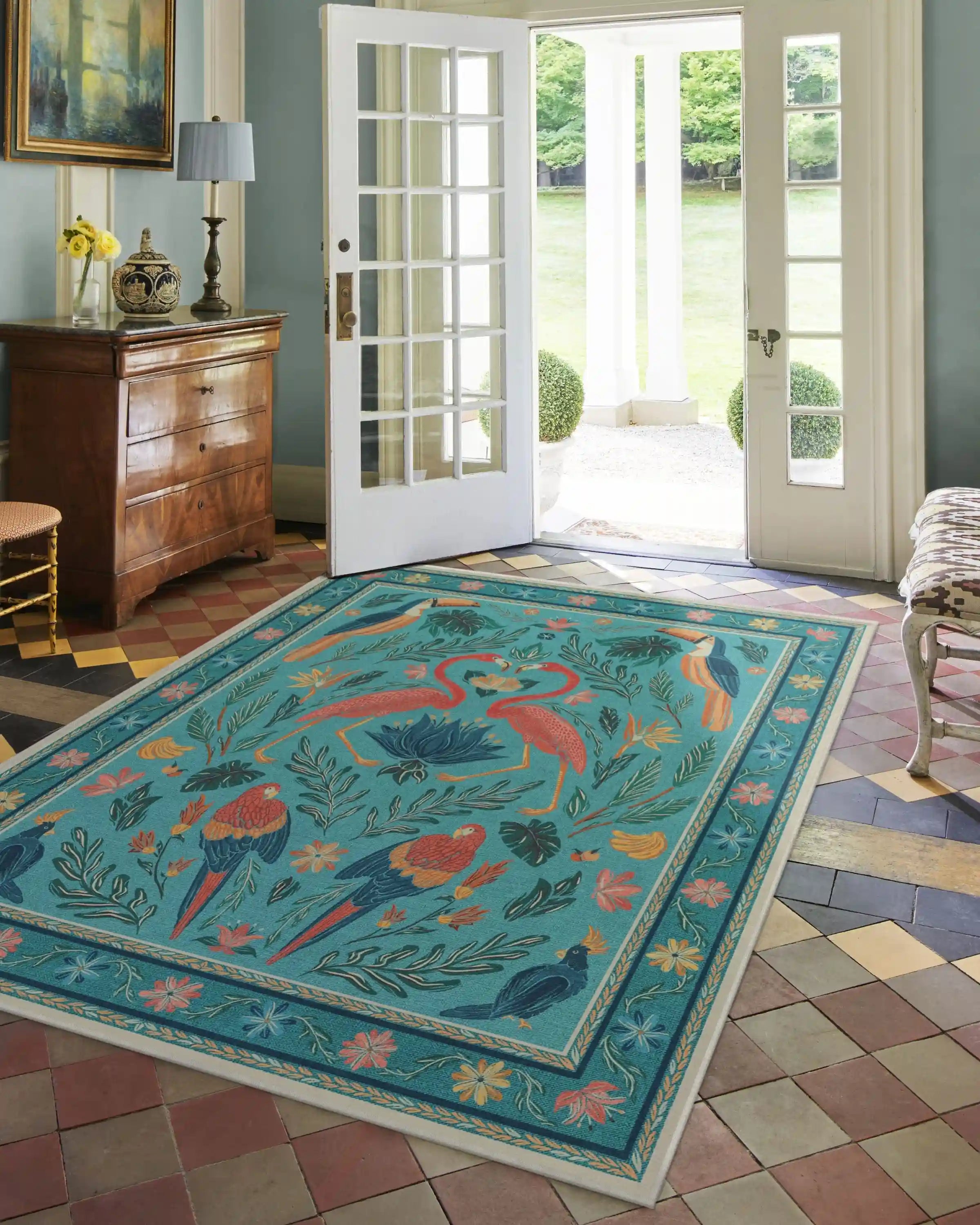 Birds Of A Feather Aqua Rug by Iris Apfel
