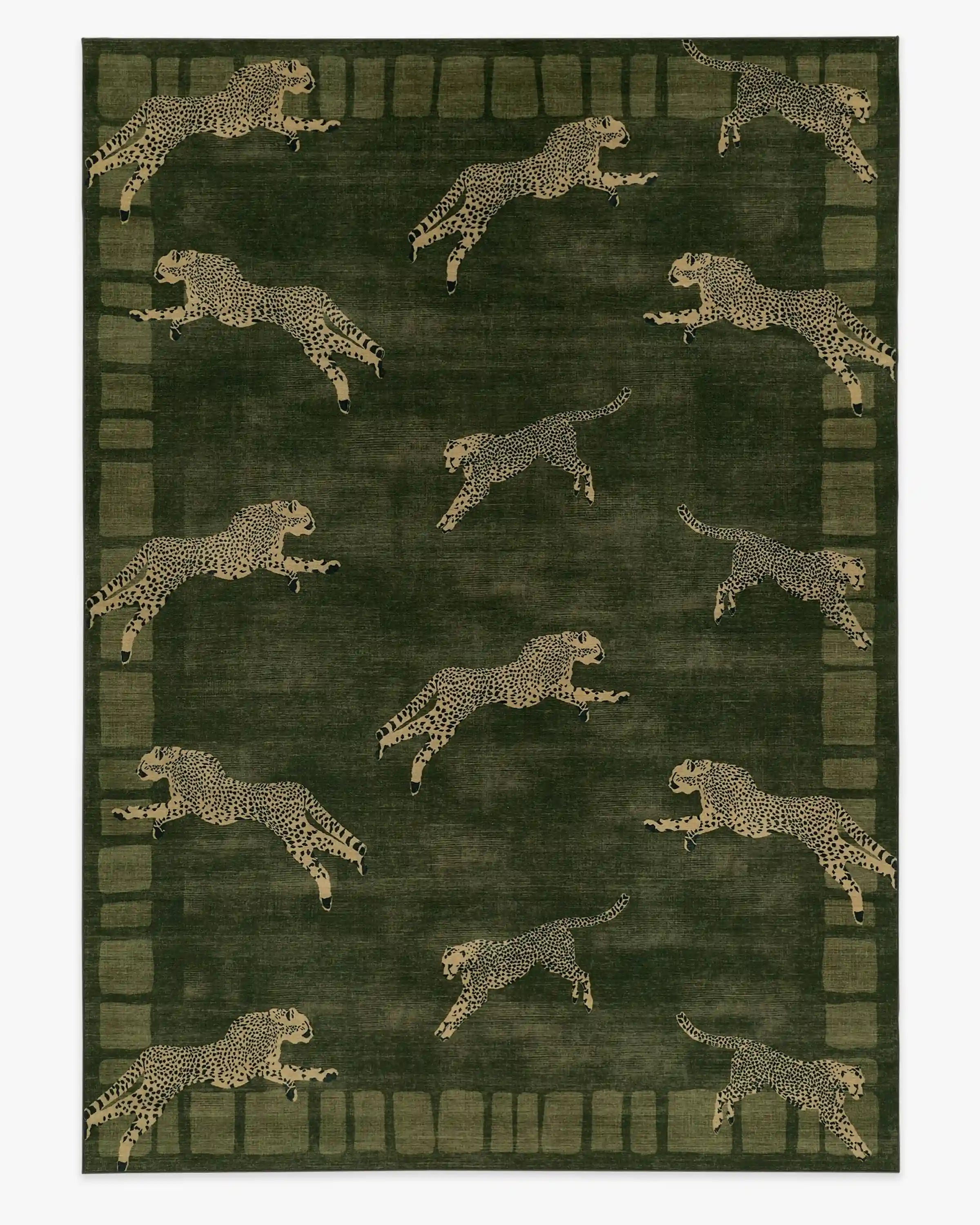 Leaping Cheetah Olive Green Rug by Scalamandré