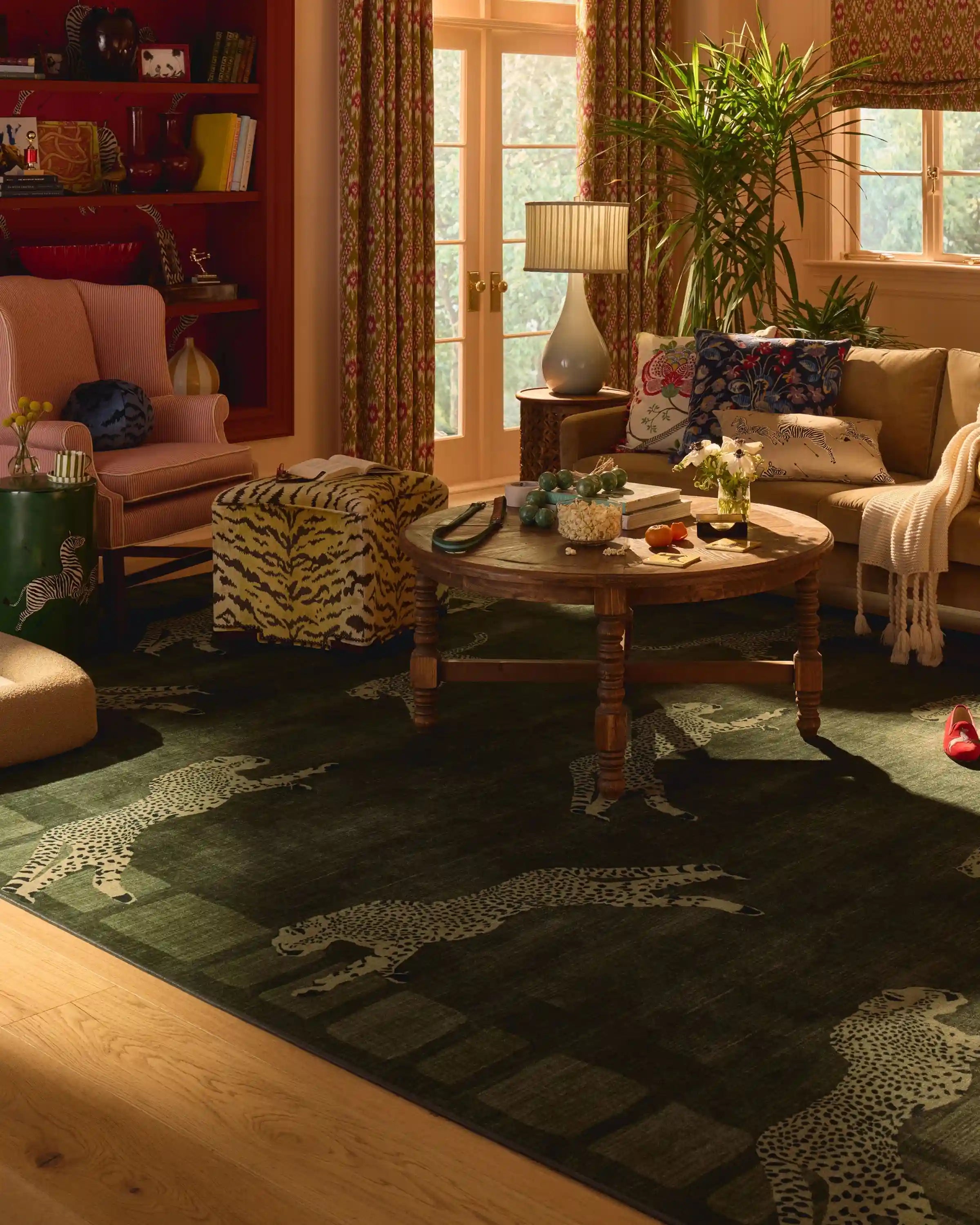 Leaping Cheetah Olive Green Rug by Scalamandré