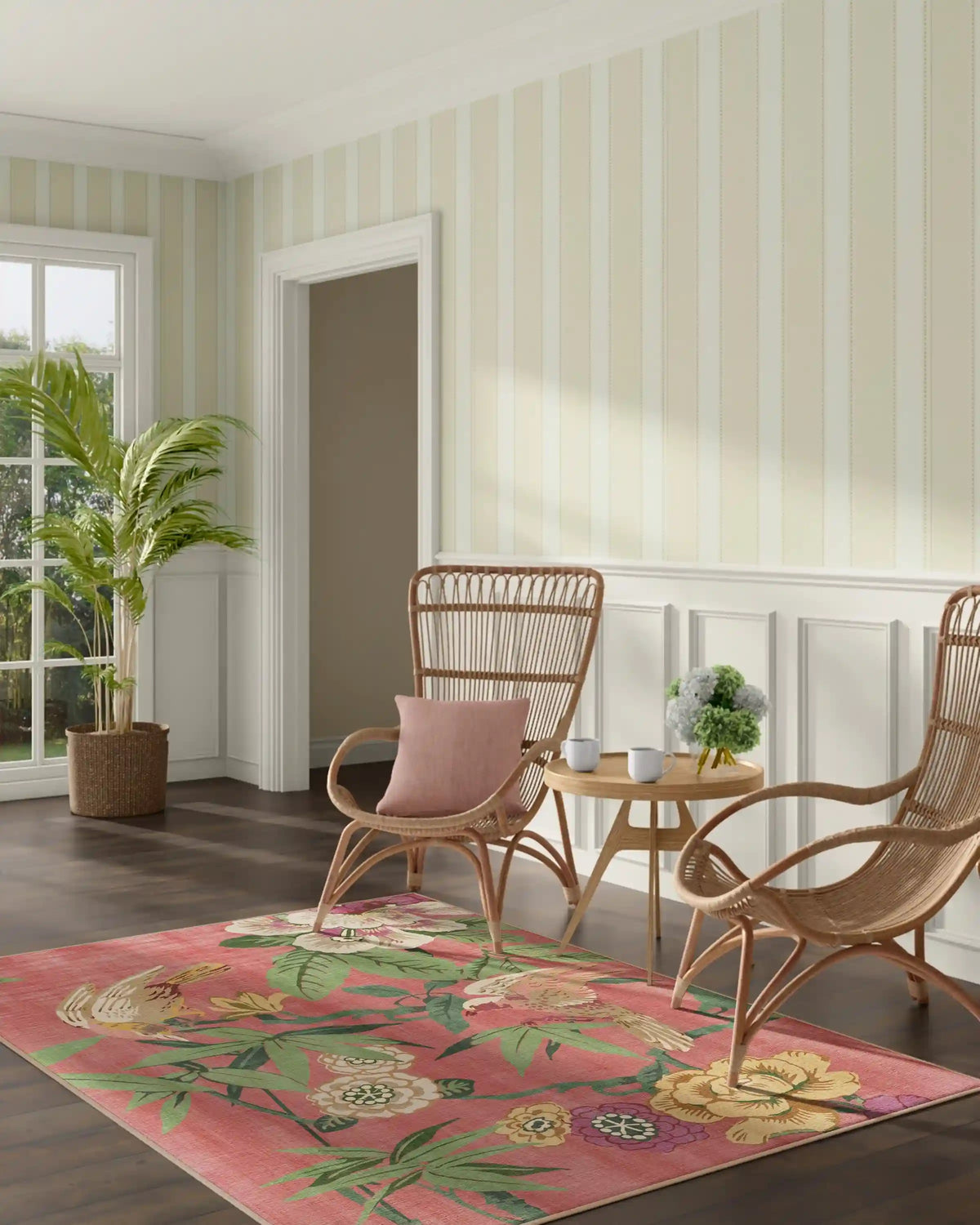 Bamboo & Bird Blossom Pink Rug by Sanderson