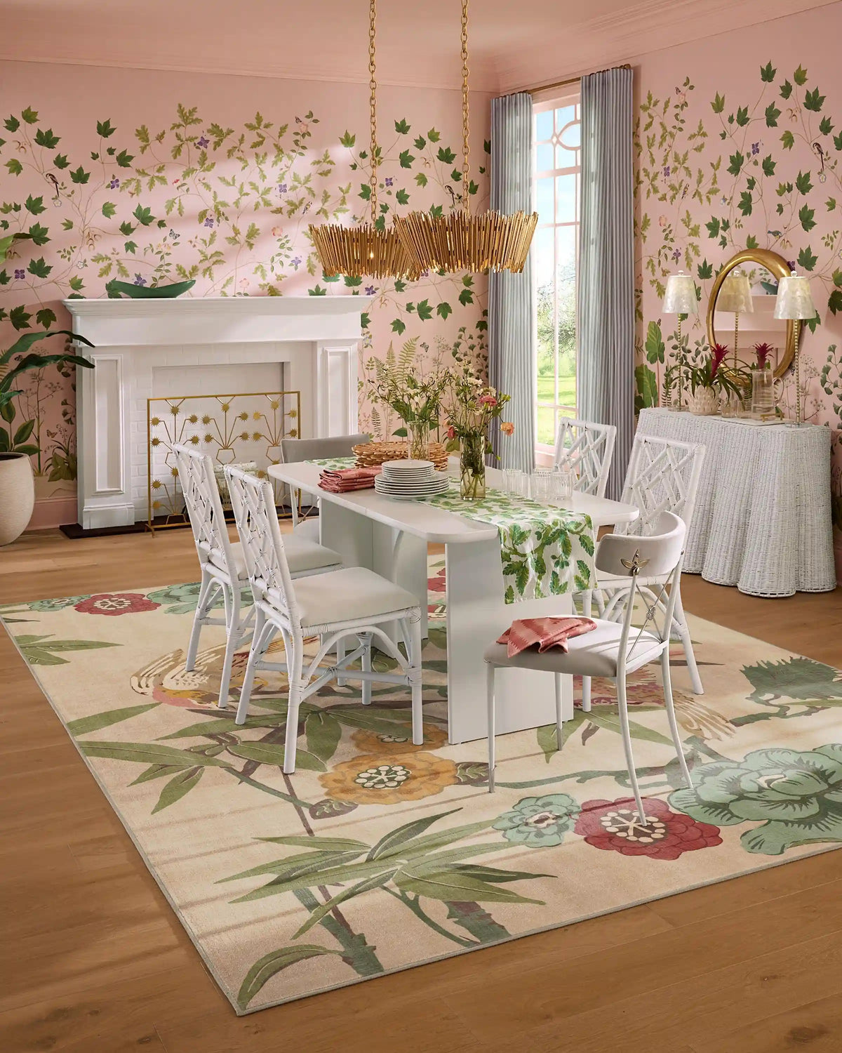 Bamboo & Bird Blush & Jade Rug by Sanderson